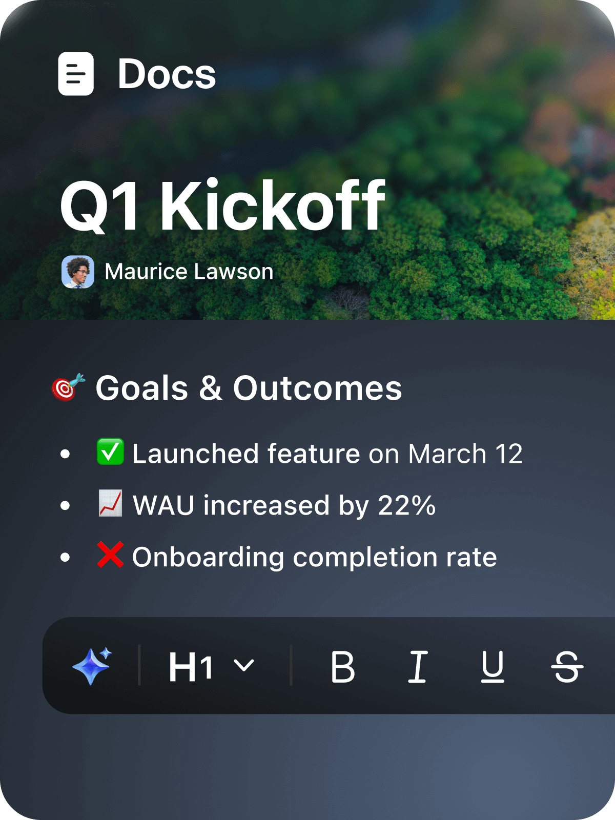 Screenshot from a document kickoff session, featuring a list of topics and attendees on a collaborative workspace.